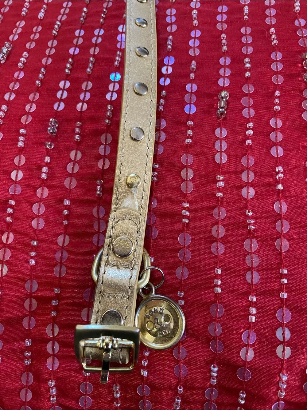 Bond&Co Gold Metallic Leather Crystal Encrusted Pet Collar Used Good Condition